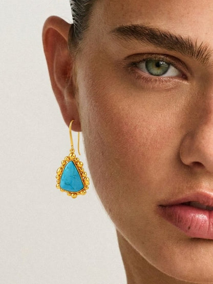 Gold Plated Natural Turquoise Pebble Drop Earrings
