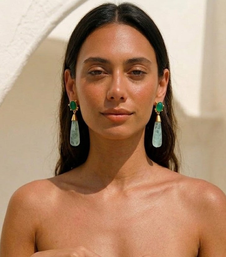 Green Onyx and Fluorite Long Drop Gold Earrings