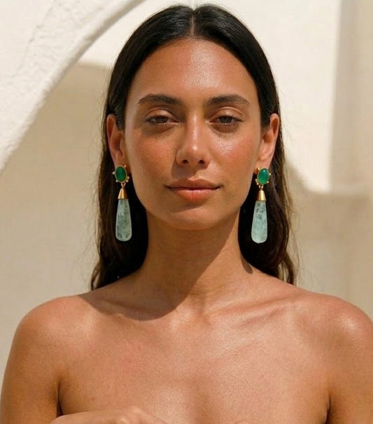 Green Onyx and Fluorite Long Drop Gold Earrings