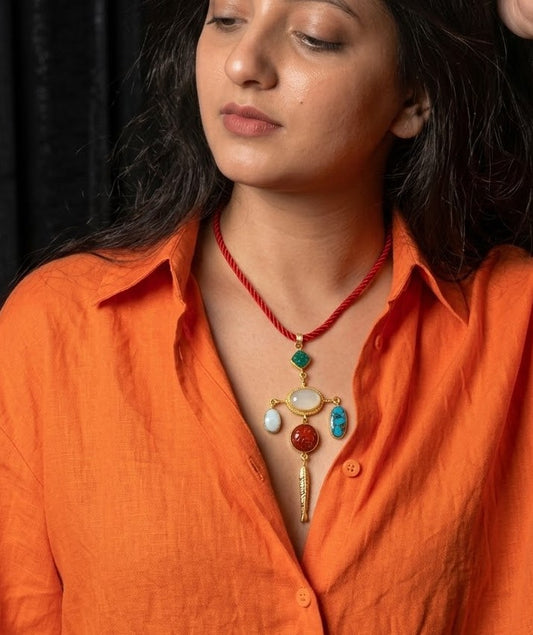 Bohemian Turquoise & Coral Pendant Necklace