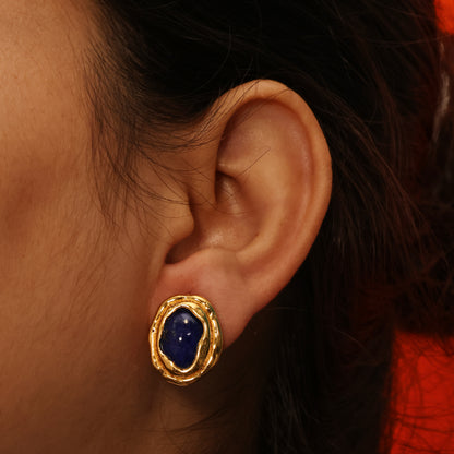 Close up shot of midnight lapis lazuli ocean Stud earrings by arvino