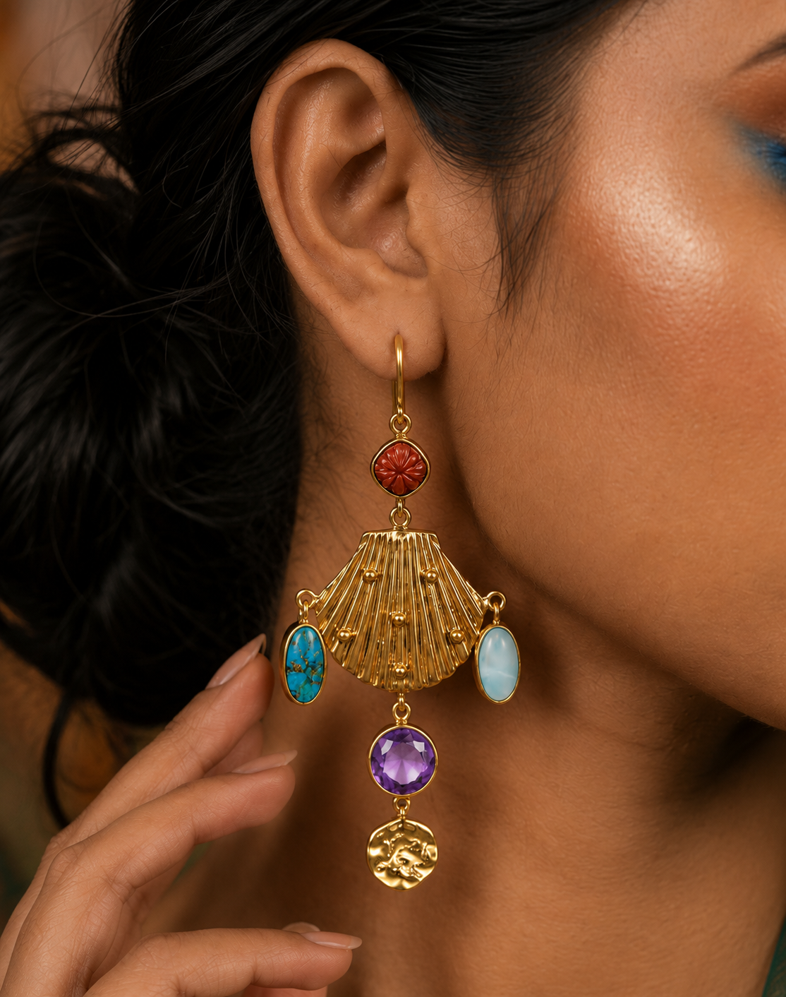 Coral, Turquoise & Amethyst Shell Earrings