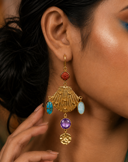 Coral, Turquoise & Amethyst Shell Earrings