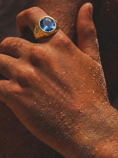 Gold Plated Blue Stone Dome 92.5 Sterling Silver Men's Ring