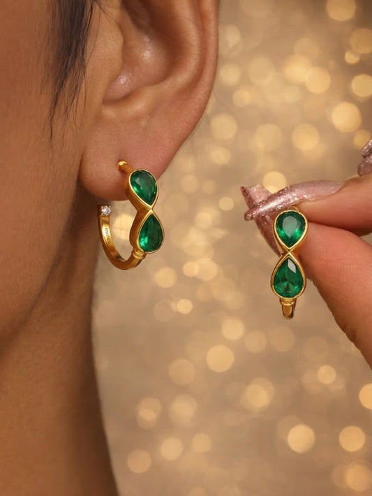 Gold Plated Green Onyx 92.5 Sterling Silver Hoop Earrings