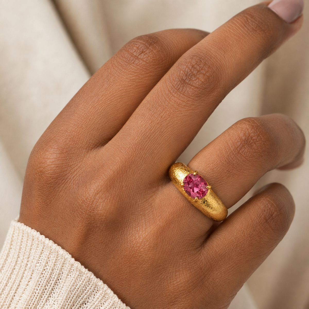 Pink Tourmaline Textured Statement Ring