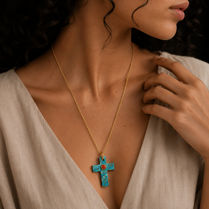 Faith Cross Turquoise and Coral Necklace