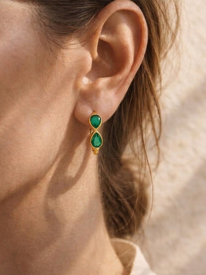 Gold Plated Green Onyx 92.5 Sterling Silver Hoop Earrings