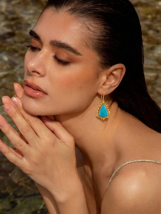 Gold Plated Natural Turquoise Pebble Drop Earrings