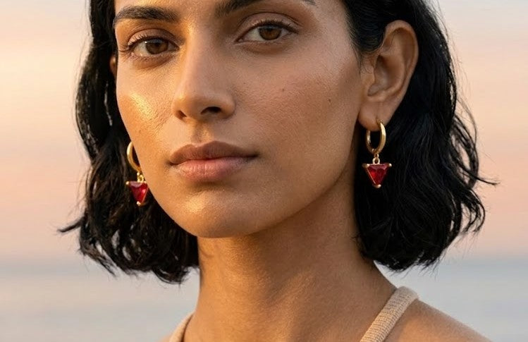 Crimson Drop Huggies Earrings In 925 Sterling Silver