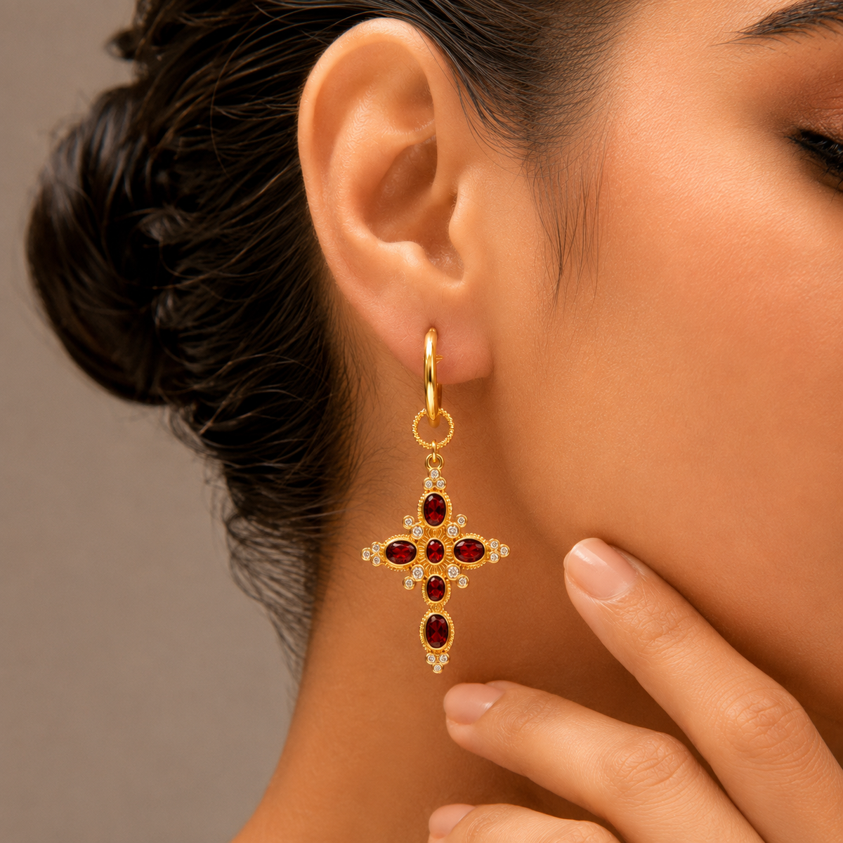 Ruby Cross Hoop Earrings