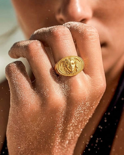 Gold Plated Face Medallion 92.5 Sterling Silver Ring
