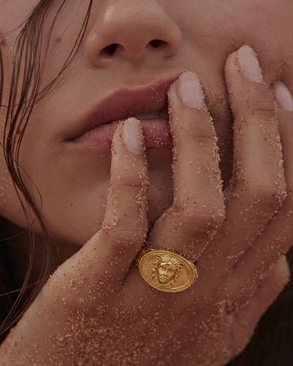 Gold Plated Face Medallion 92.5 Sterling Silver Ring