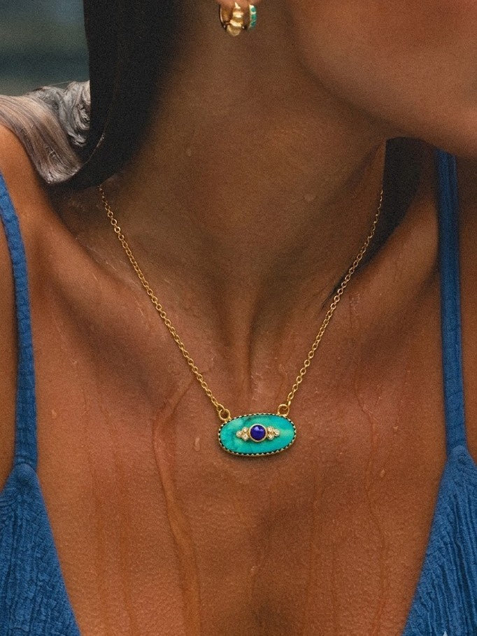 Turquoise & Lapis Evil Eye Gold Necklace