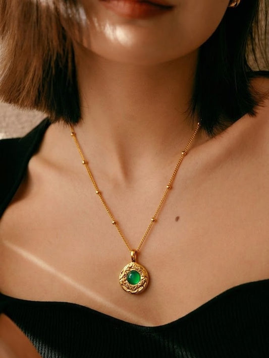 Green Onyx Medallion 92.5 Sterling Silver Charm Necklace