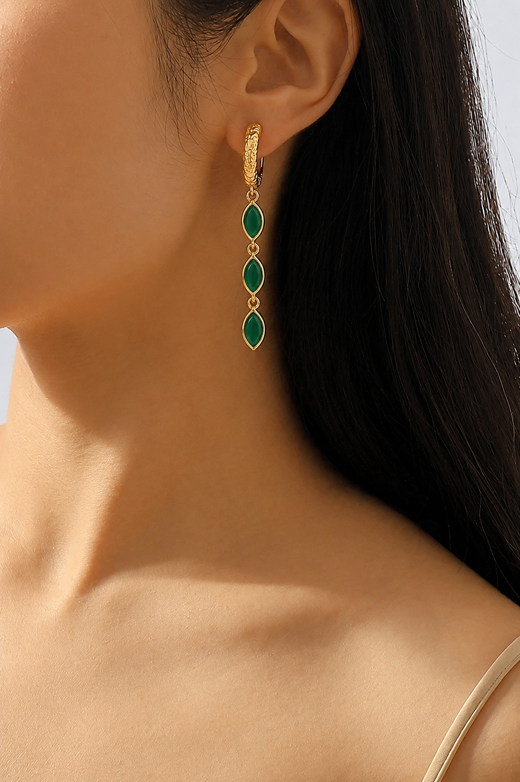Gold Plated Green Onyx Triple Drop 92.5 Sterling Silver Earrings