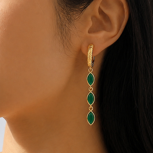 Gold Plated Green Onyx Triple Drop 92.5 Sterling Silver Earrings