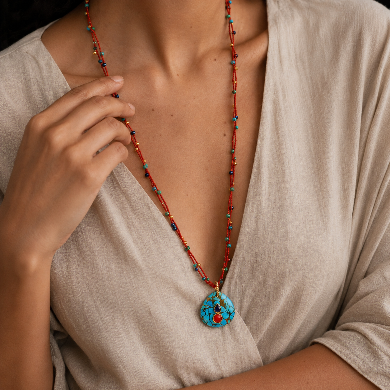 Crimson Turquoise Cord Pendant Necklace