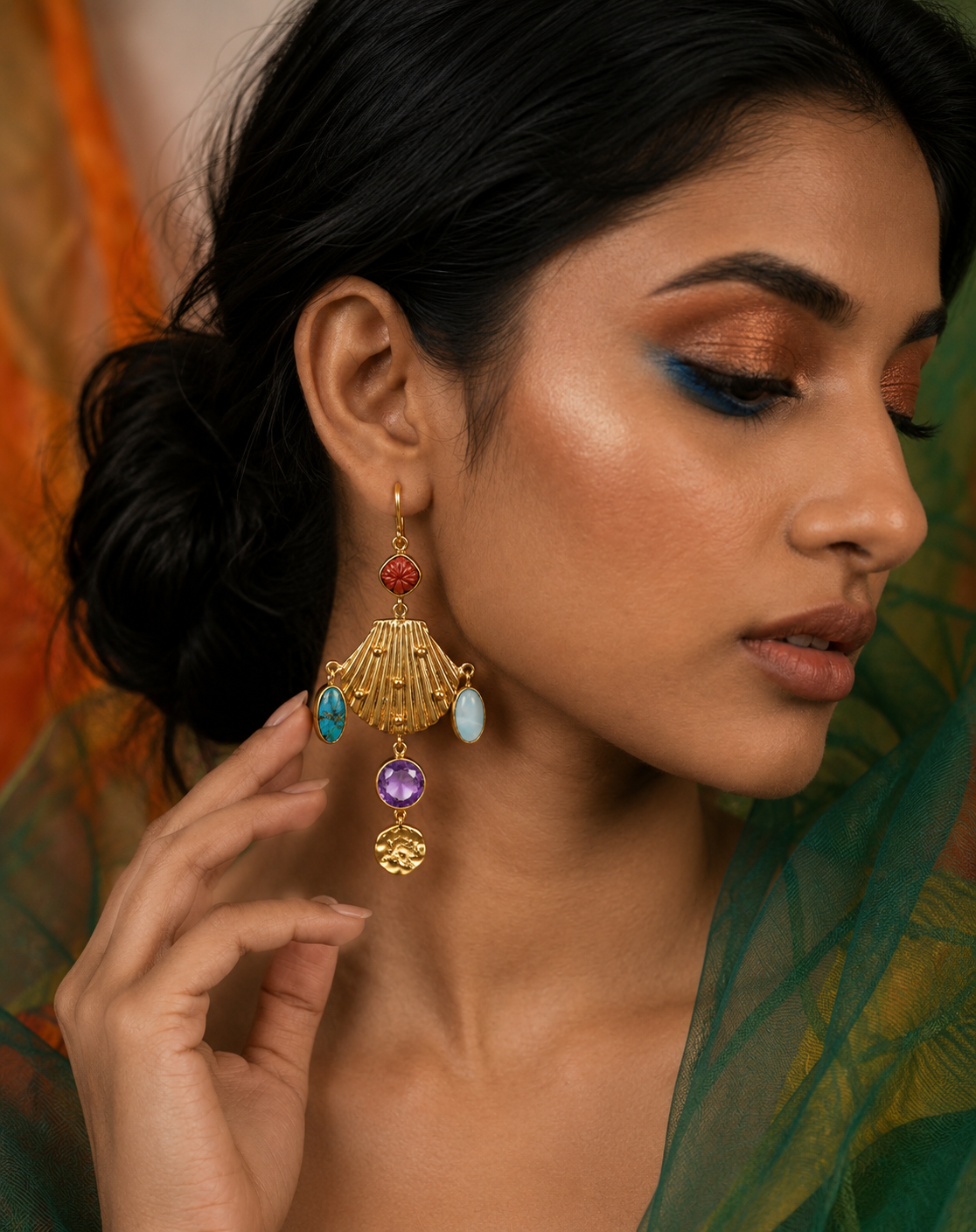 Coral, Turquoise & Amethyst Shell Earrings