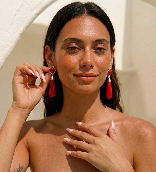 Red Onyx Long Drop Gold Earrings