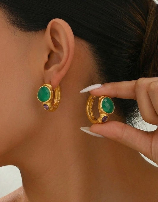 Green Onyx & Amethyst 92.5 Sterling Silver Hoop Earrings