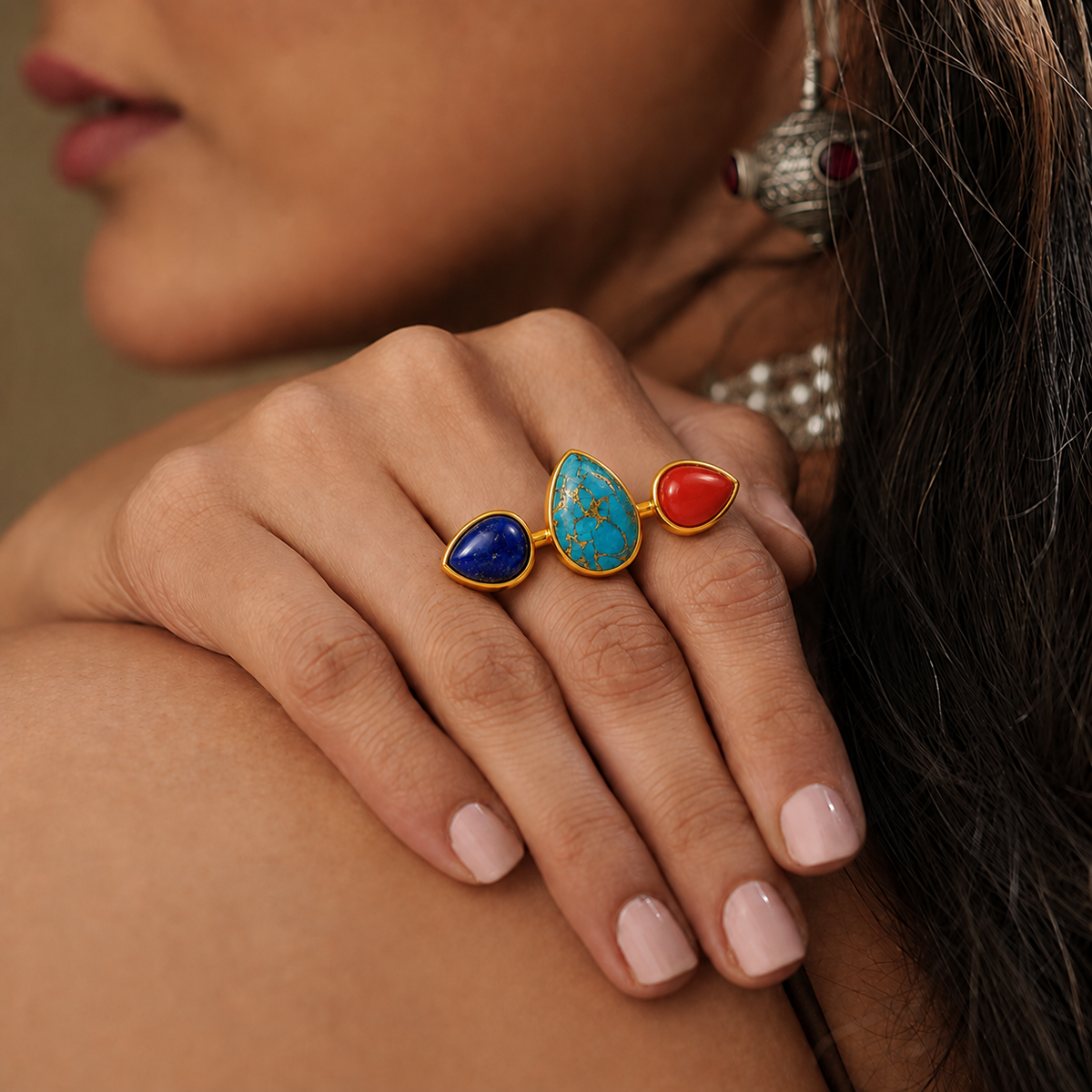 Lapis, Coral and Turquoise Dual Finger Ring