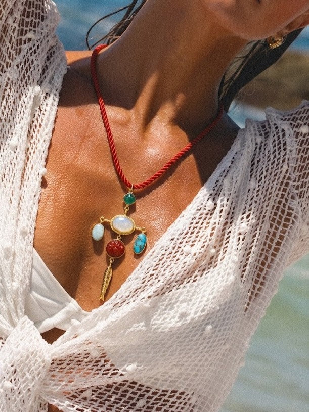 Bohemian Turquoise & Coral Pendant Necklace