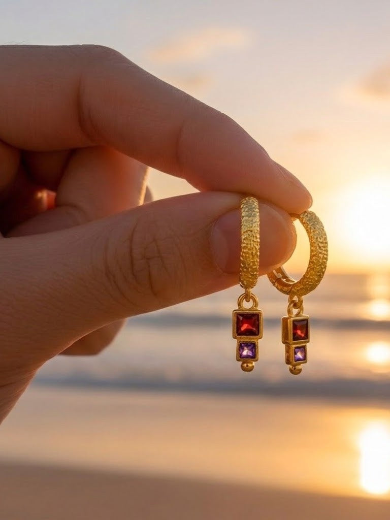 Gold Plated Garnet Amethyst Geometric Drop 92.5 Sterling Silver Earrings