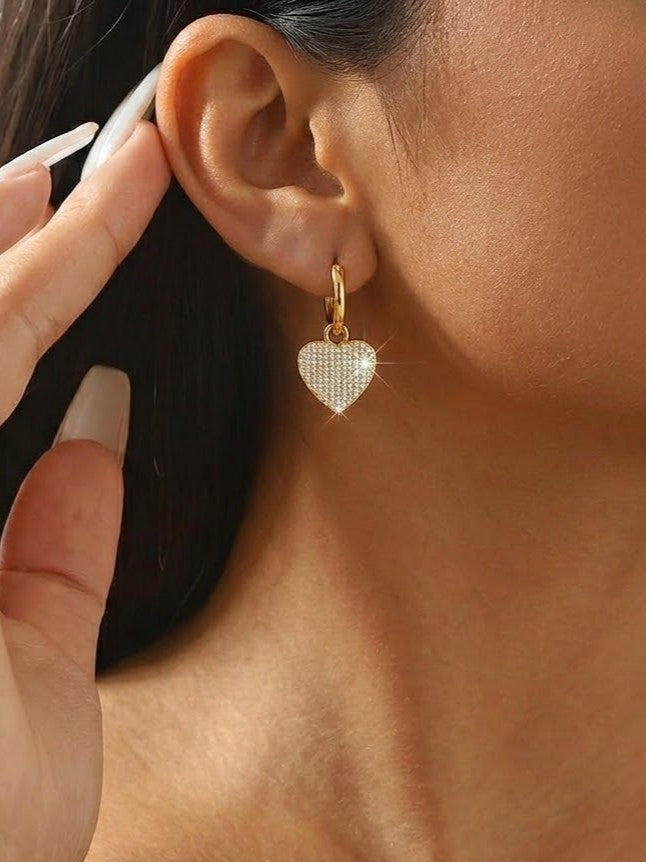 Gold Plated Crystal Pavé Heart Charm 92.5 Sterling Silver Hoop Earrings