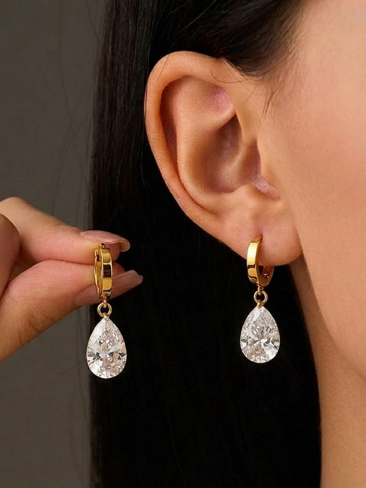 Pear Cut Crystal Drop Huggies Earrings in 92.5 Sterling Silver