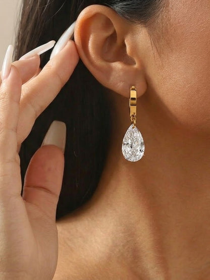 Pear Cut Crystal Drop Huggies Earrings in 92.5 Sterling Silver
