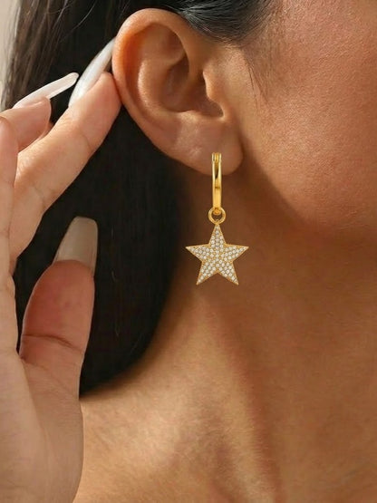 Gold Plated Crystal Pavé Star Charm 92.5 Sterling Silver Hoop Earrings