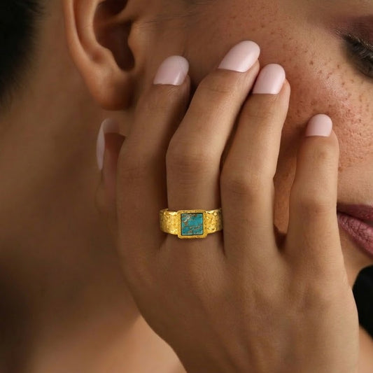 Unisex Turquoise Cushion Textured Statement Ring