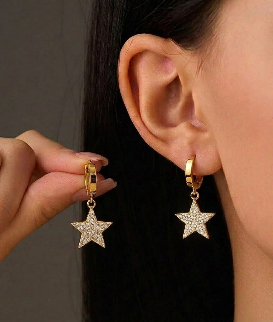 Gold Plated Crystal Pavé Star Charm 92.5 Sterling Silver Hoop Earrings