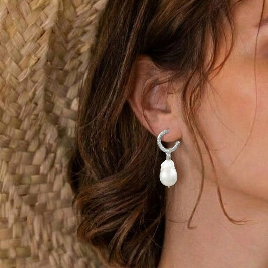 Rustic Pearl Drop Hoops Earrings (925 Sterling Silver)