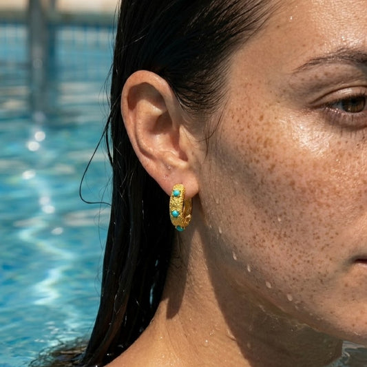 Turquoise Studded Textured  92.5 Sterling Silver Huggie Earrings