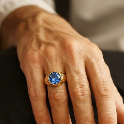Gold Plated Blue Stone Dome 92.5 Sterling Silver Men's Ring
