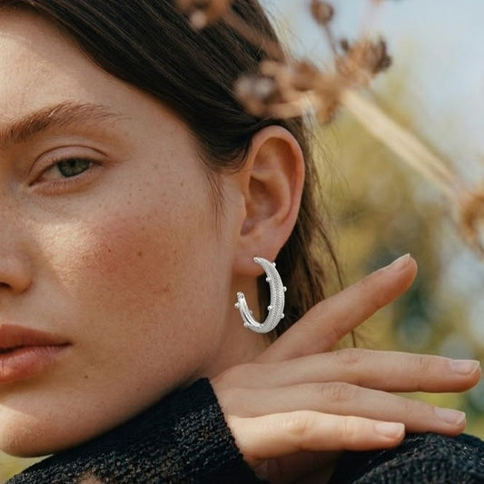 Silver Finish Dew Drop Chevron Hoops