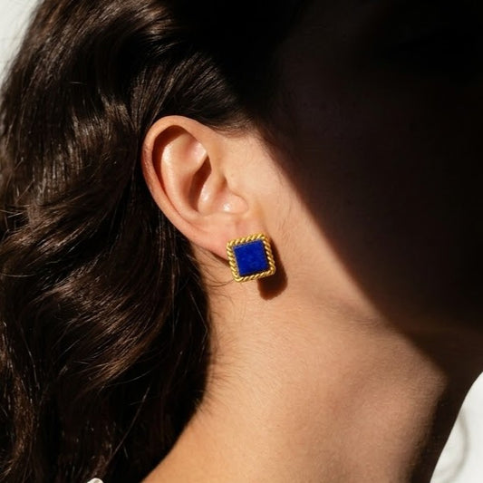 Midnight Lapis Square Studs Earrings in 925 Sterling Silver( Small Size)