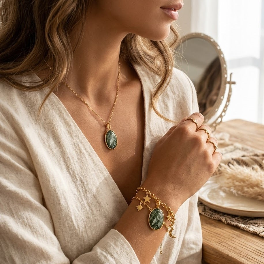 Green Marbled Stone Oval Gold Charm