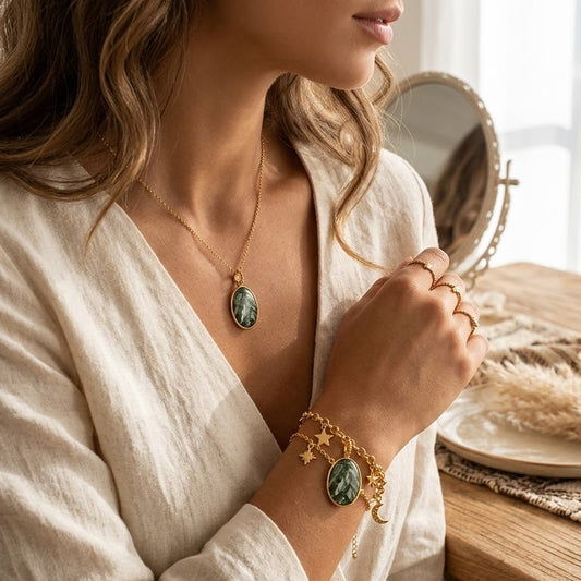 Green Marbled Stone Oval Gold Charm