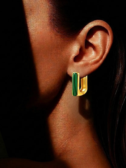 Gold Plated Malachite Bar Huggie Earrings