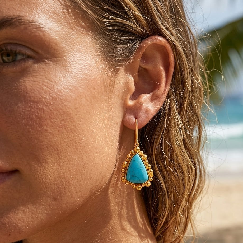 Gold Plated Natural Turquoise Pebble Drop Earrings