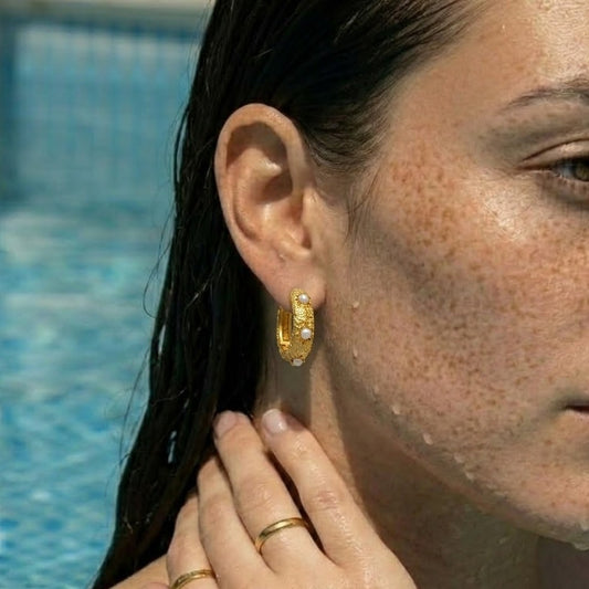 Pearl Studded Textured 92.5 Sterling Silver Huggie Earrings