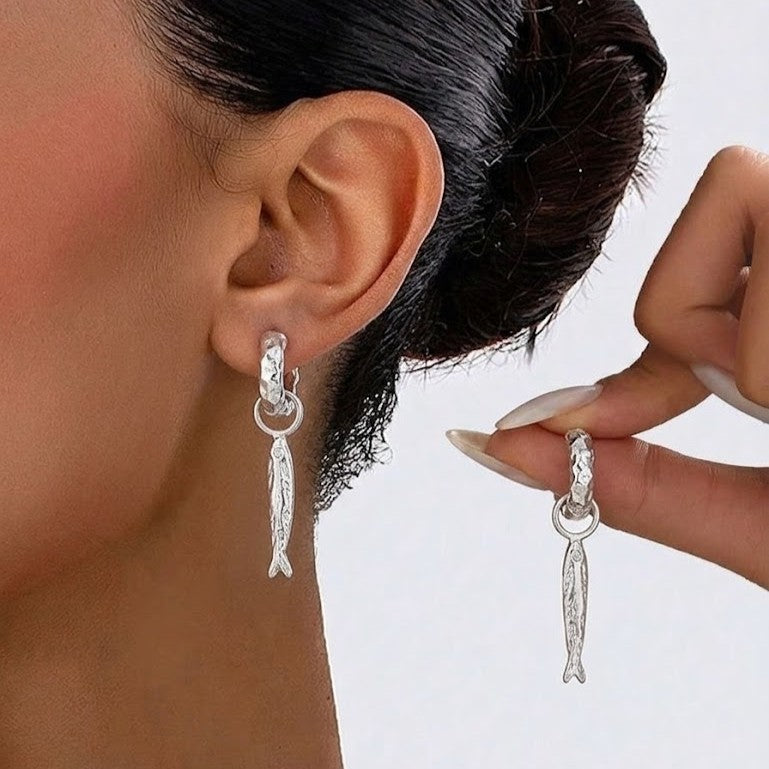 Silver Fish Charm Huggies Earrings
