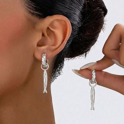 Silver Fish Charm Huggies Earrings