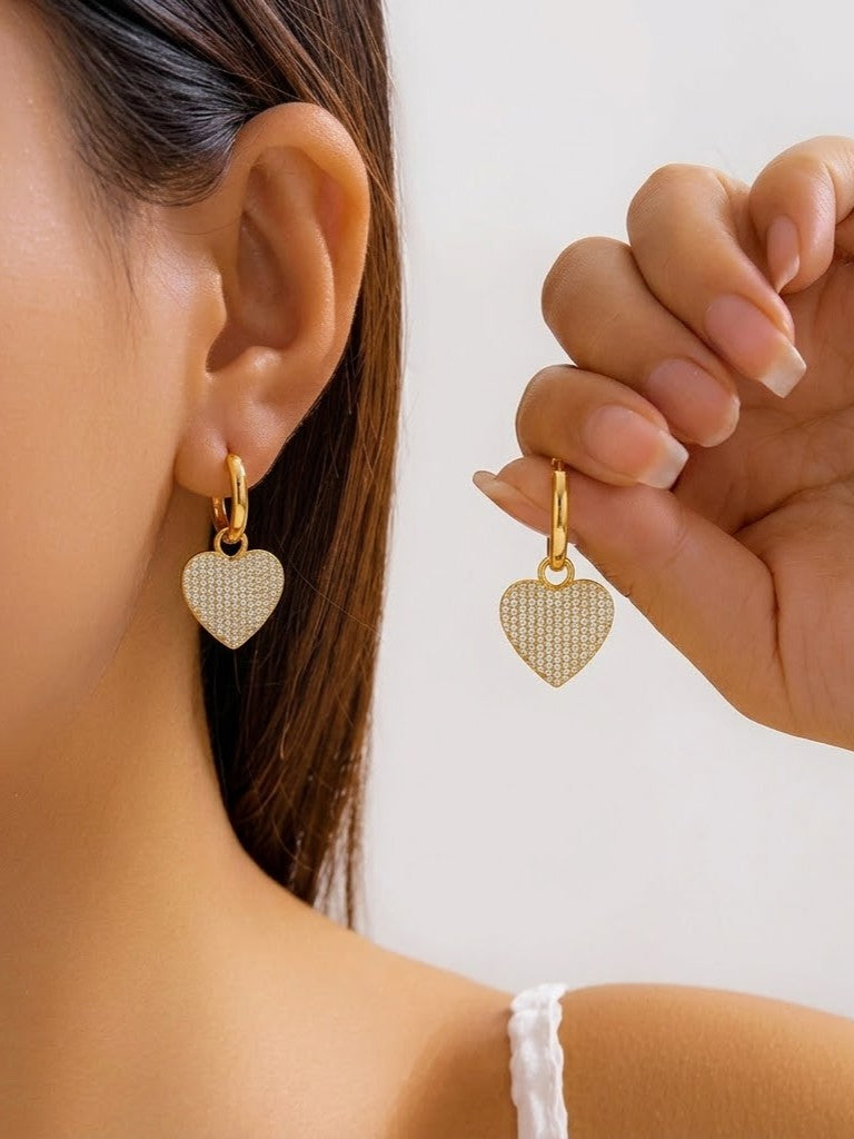 Gold Plated Crystal Pavé Heart Charm 92.5 Sterling Silver Hoop Earrings