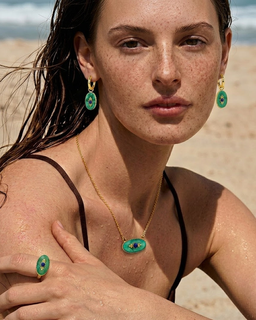 Natural Turquoise and Lapis Evil Eye Huggie Earrings