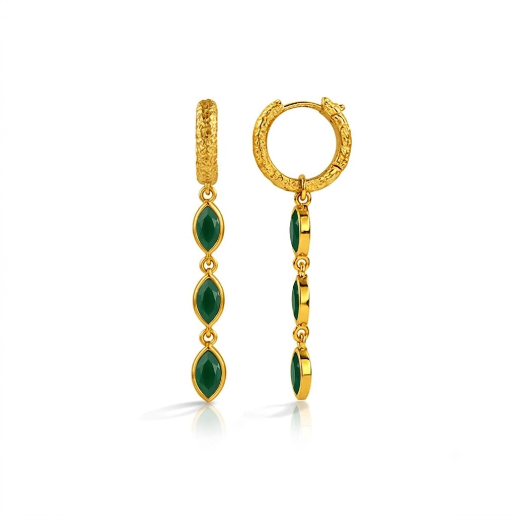Gold Plated Green Onyx Triple Drop 92.5 Sterling Silver Earrings