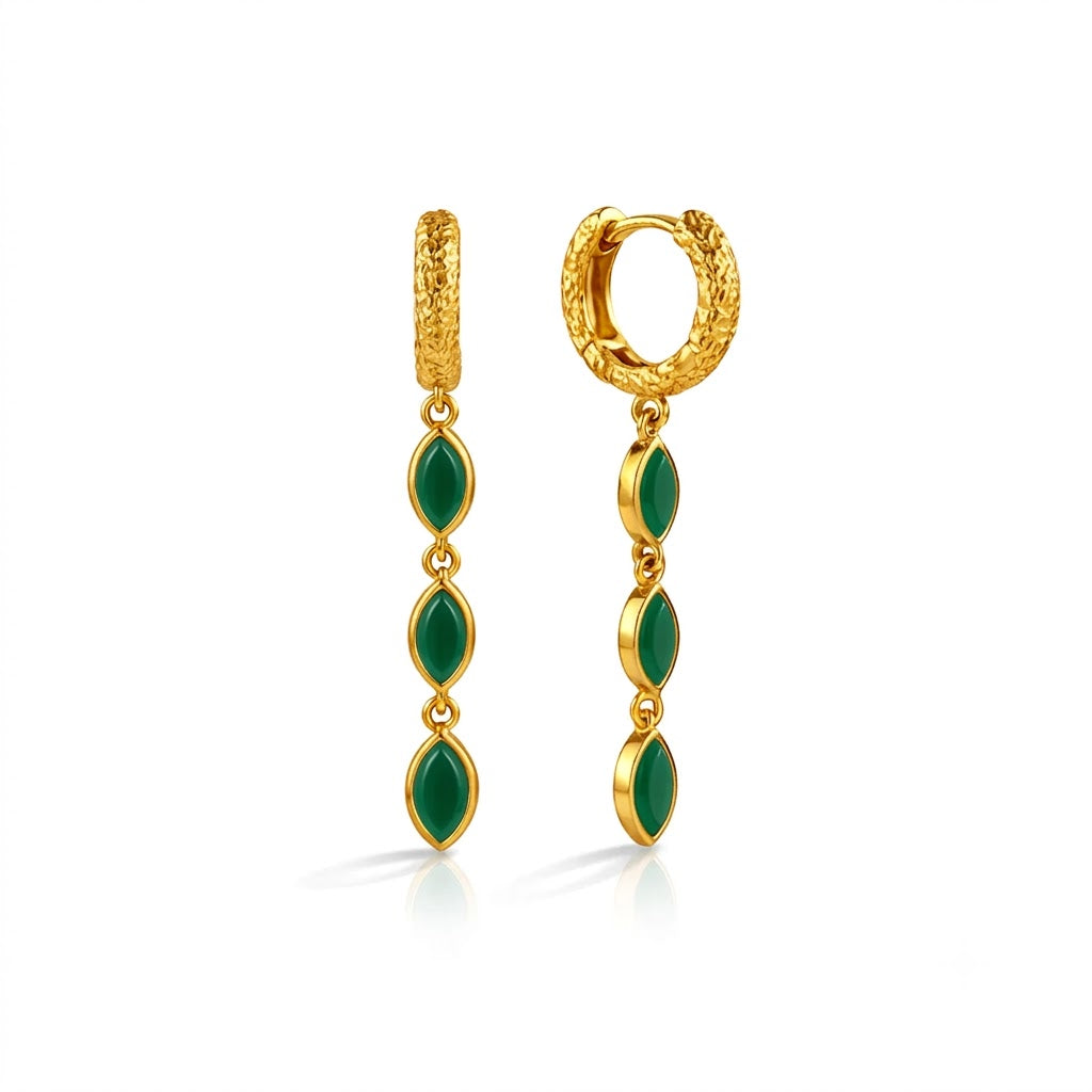 Gold Plated Green Onyx Triple Drop 92.5 Sterling Silver Earrings